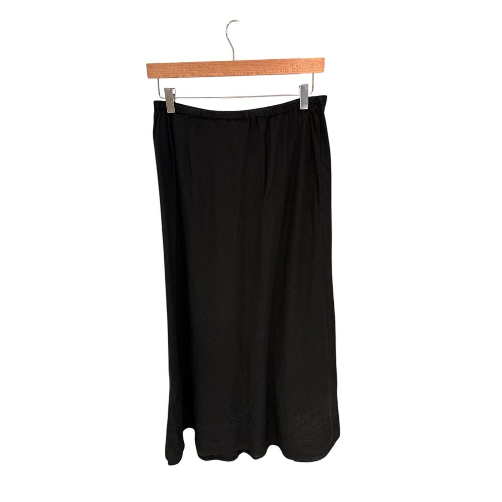 Valerie Stevens Black Linen Maxi Skirt With Embroidered Hem Elastic Waist Womens
